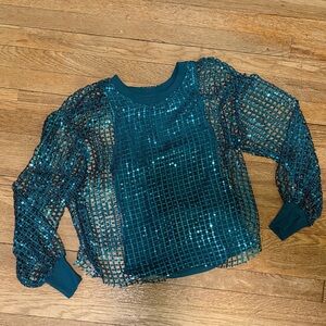 Anthropologie Teal Sequin Mesh Top